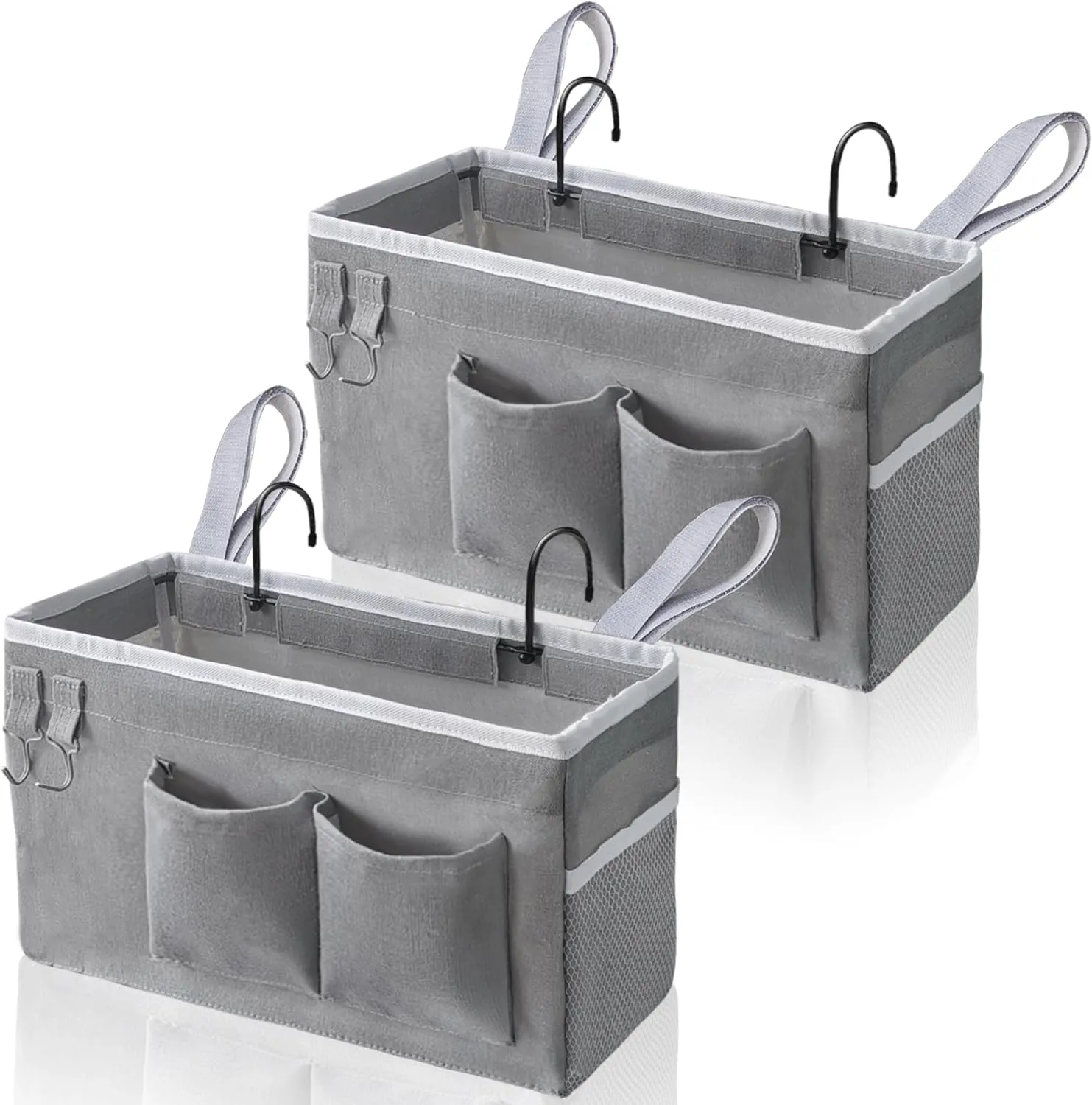 2pcs Bedside Caddy Hanging Storage Bag, Water Cup Holders, Organizer Baskets with Pockets for Bunk Bed Shelf, Hospital Beds, Loft & Dorm Rooms Accessories (Bedside bag-Grey)