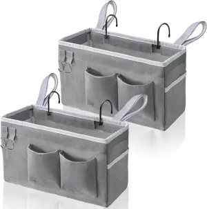 2pcs Bedside Caddy Hanging Storage Bag, Water Cup Holders, Organizer Baskets with Pockets for Bunk Bed Shelf, Hospital Beds, Loft & Dorm Rooms Accessories (Bedside bag-Grey)