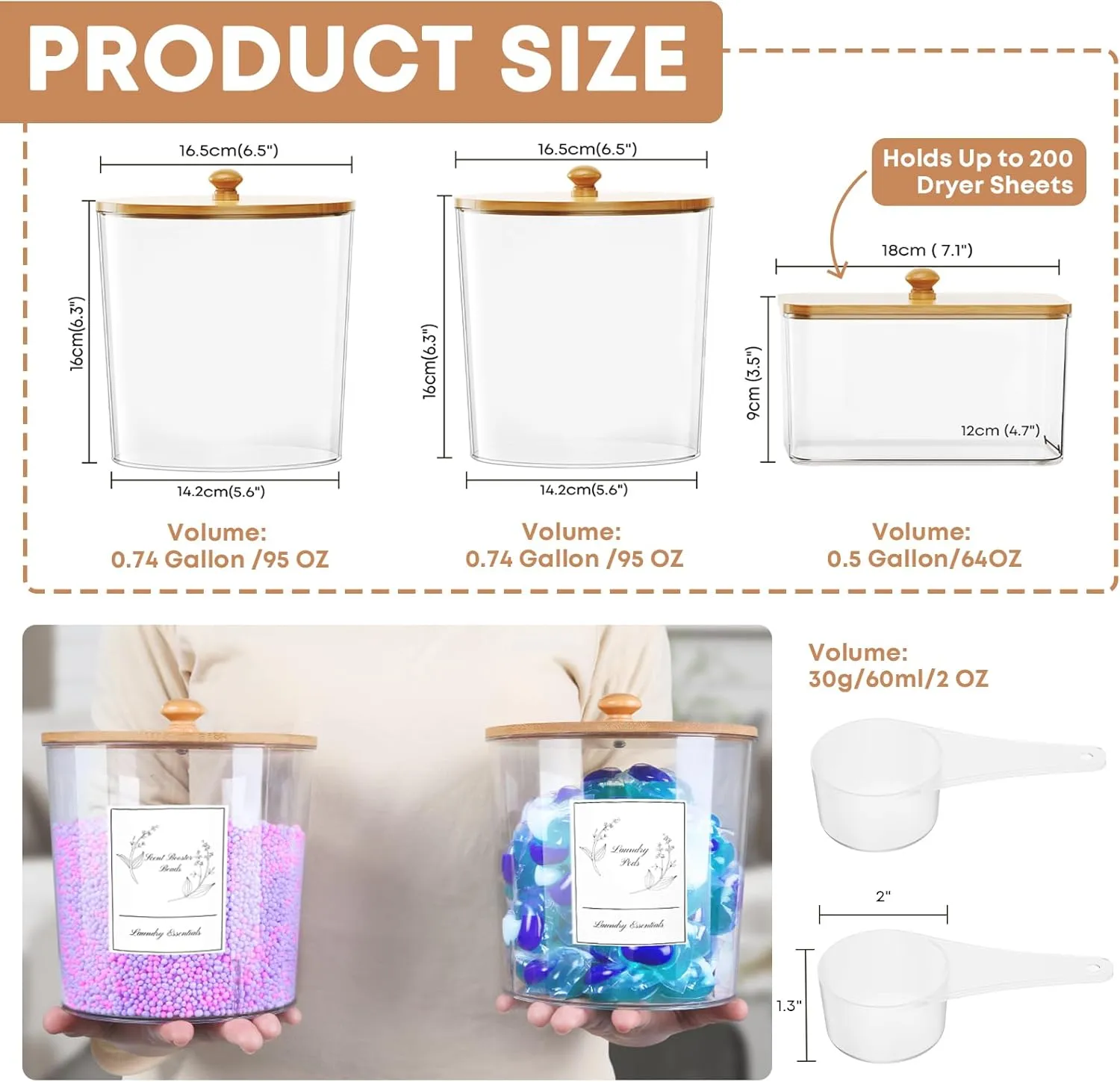 3 Pack Laundry Powder Container & Dryer Sheet Holder, Large Plastic Laundry Room Organization and Storage Jars with Lids, Labels & Scoops for Powder, Detergent, Scent Booster