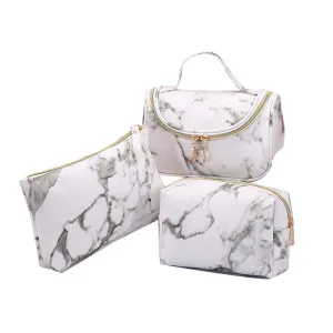 3 Pack Marble Makeup Bag Travel Toiletry Bag Portable Cosmetic Pouch Organizer with Small Brush Holders Gold Zipper Waterproof Storage Case for Women and Girls,White