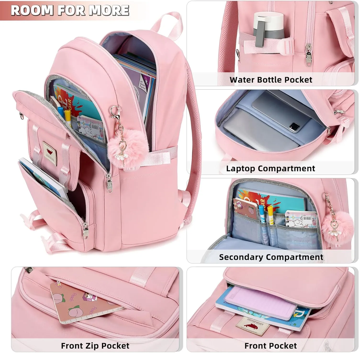 3 PCS Backpack for Teen Girls,Laptop Backpacks 15.6 Inch School Bag with Lunch Box Pencil Pouch Set for Students Aesthetic College Bookbag Travel Daypack(Pink)