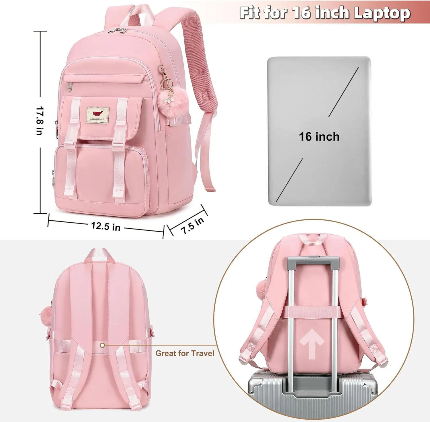3 PCS Backpack for Teen Girls,Laptop Backpacks 15.6 Inch School Bag with Lunch Box Pencil Pouch Set for Students Aesthetic College Bookbag Travel Daypack(Pink)