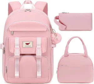 3 PCS Backpack for Teen Girls,Laptop Backpacks 15.6 Inch School Bag with Lunch Box Pencil Pouch Set for Students Aesthetic College Bookbag Travel Daypack(Pink)