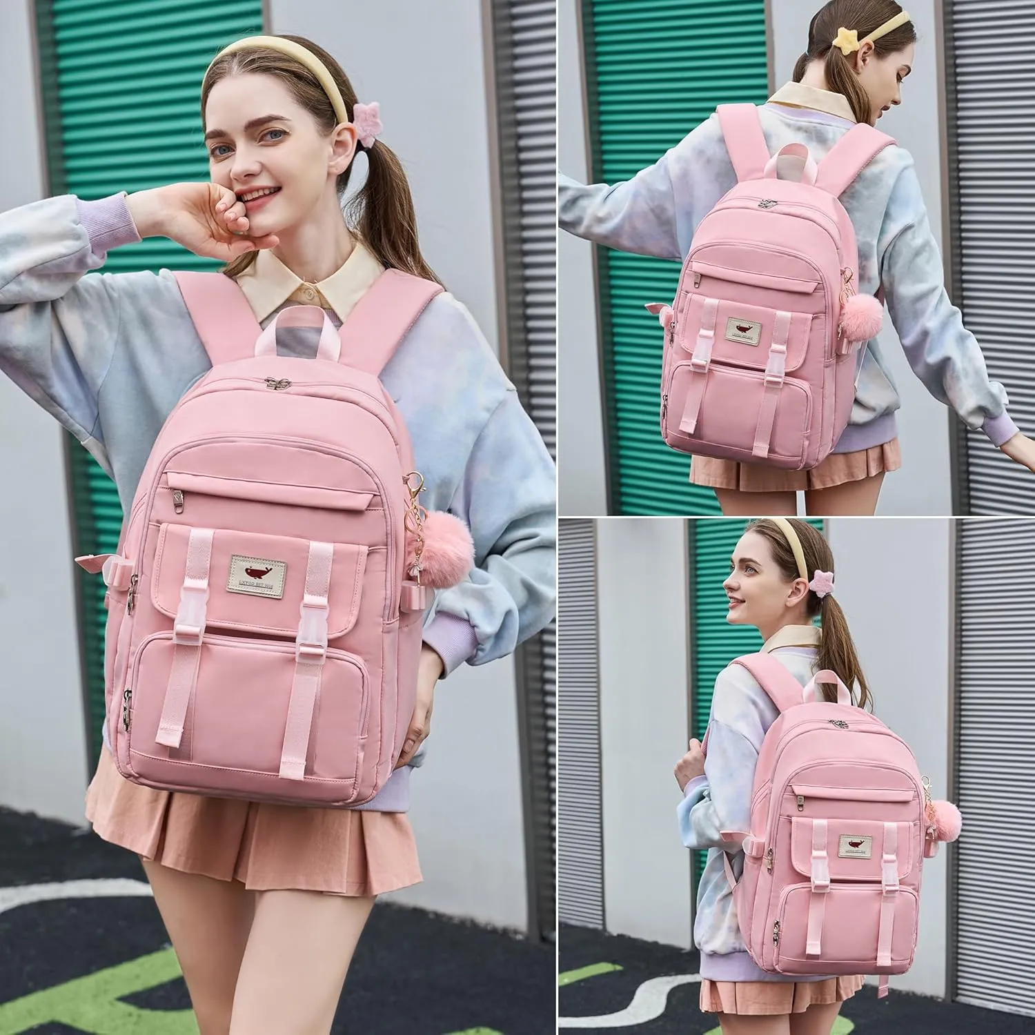 3 PCS Backpack for Teen Girls,Laptop Backpacks 15.6 Inch School Bag with Lunch Box Pencil Pouch Set for Students Aesthetic College Bookbag Travel Daypack(Pink)