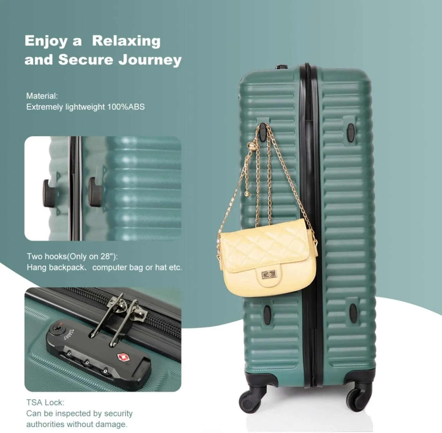 3-Piece ABS Luggage Set (20"/24"/28") - Lightweight Hardshell Suitcases with Lock, 360° Spinner Wheels & 2 Utility Hooks - Carry-On & Checked Luggage (Green   ABS)