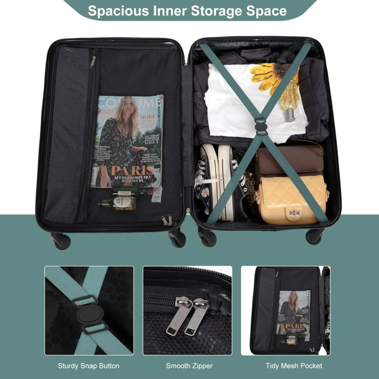 3-Piece ABS Luggage Set (20"/24"/28") - Lightweight Hardshell Suitcases with Lock, 360° Spinner Wheels & 2 Utility Hooks - Carry-On & Checked Luggage (Green   ABS)