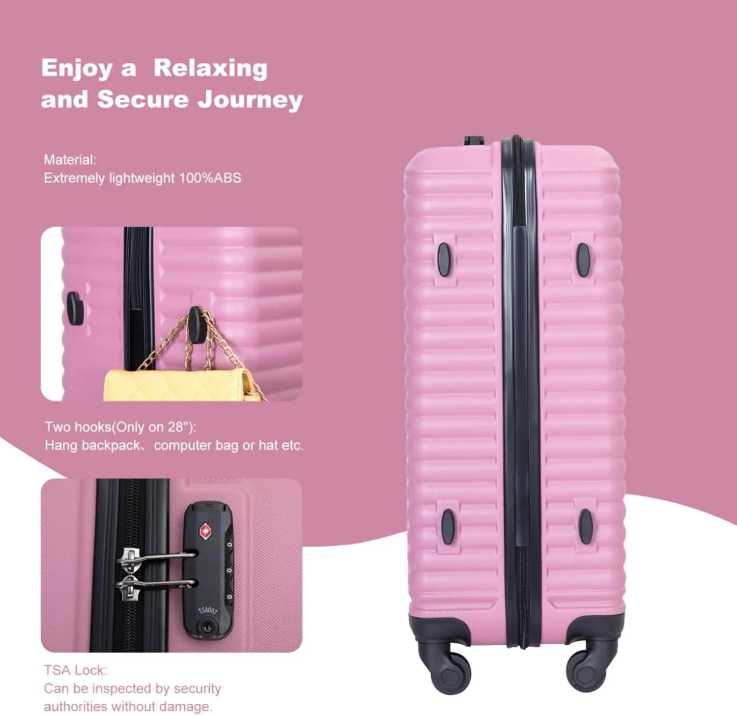 3-Piece ABS Luggage Set (20"/24"/28") - Lightweight Hardshell Suitcases with Lock, 360° Spinner Wheels & 2 Utility Hooks - Carry-On & Checked Luggage (Pink   ABS)