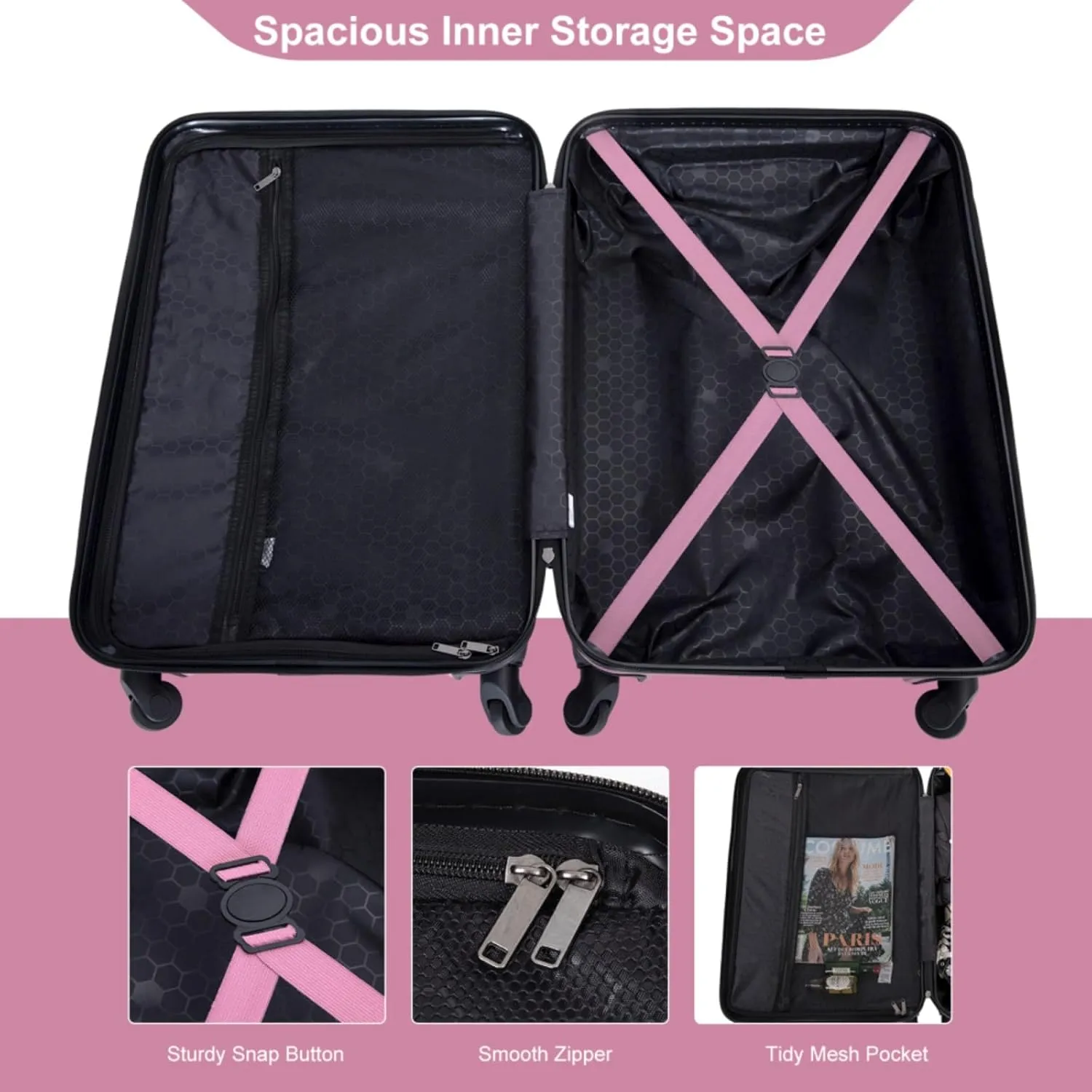 3-Piece ABS Luggage Set (20"/24"/28") - Lightweight Hardshell Suitcases with Lock, 360° Spinner Wheels & 2 Utility Hooks - Carry-On & Checked Luggage (Pink   ABS)