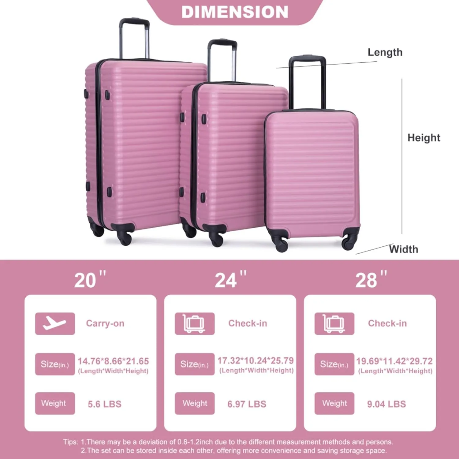 3-Piece ABS Luggage Set (20"/24"/28") - Lightweight Hardshell Suitcases with Lock, 360° Spinner Wheels & 2 Utility Hooks - Carry-On & Checked Luggage (Pink   ABS)
