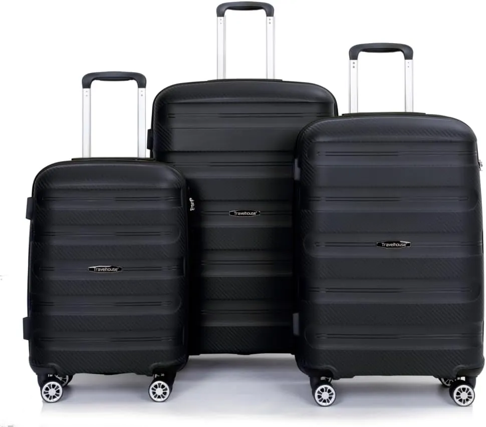 3-Piece Hardshell Luggage Set (20"/24"/28") - Lightweight PP Suitcases with Lock & 360° Spinner Wheels - Expandable Carry-On & Checked Luggage (Black   Polypropylene)