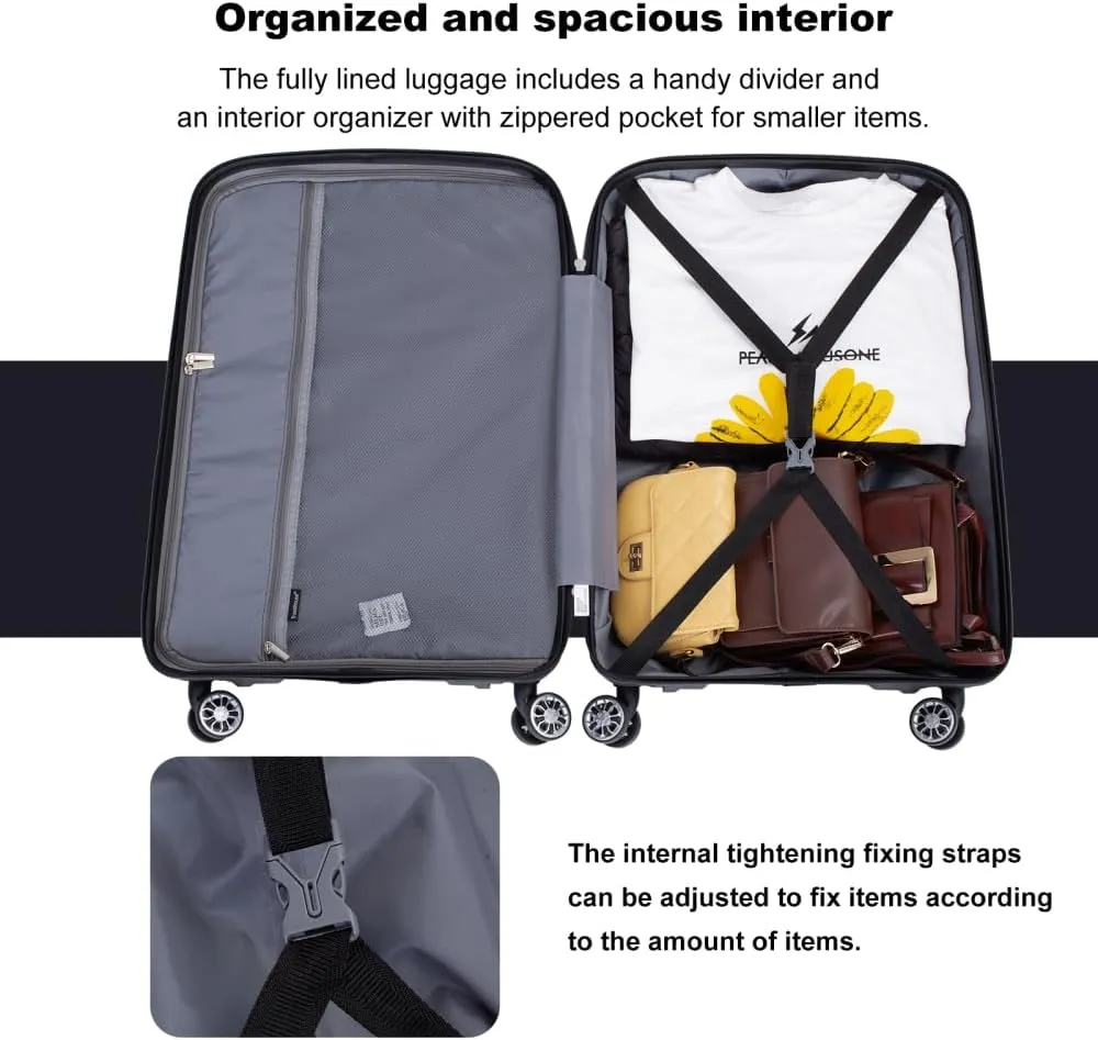 3-Piece Hardshell Luggage Set (20"/24"/28") - Lightweight PP Suitcases with Lock & 360° Spinner Wheels - Expandable Carry-On & Checked Luggage (Black   Polypropylene)