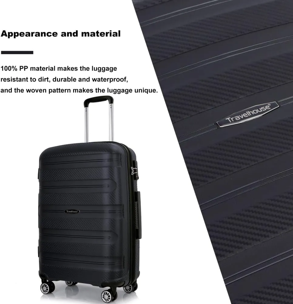 3-Piece Hardshell Luggage Set (20"/24"/28") - Lightweight PP Suitcases with Lock & 360° Spinner Wheels - Expandable Carry-On & Checked Luggage (Black   Polypropylene)