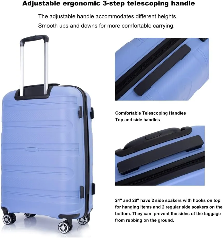 3-Piece Hardshell Luggage Set (20"/24"/28") - Lightweight PP Suitcases with Lock & 360° Spinner Wheels - Expandable Carry-On & Checked Luggage (Purplish Blue   Polypropylene)