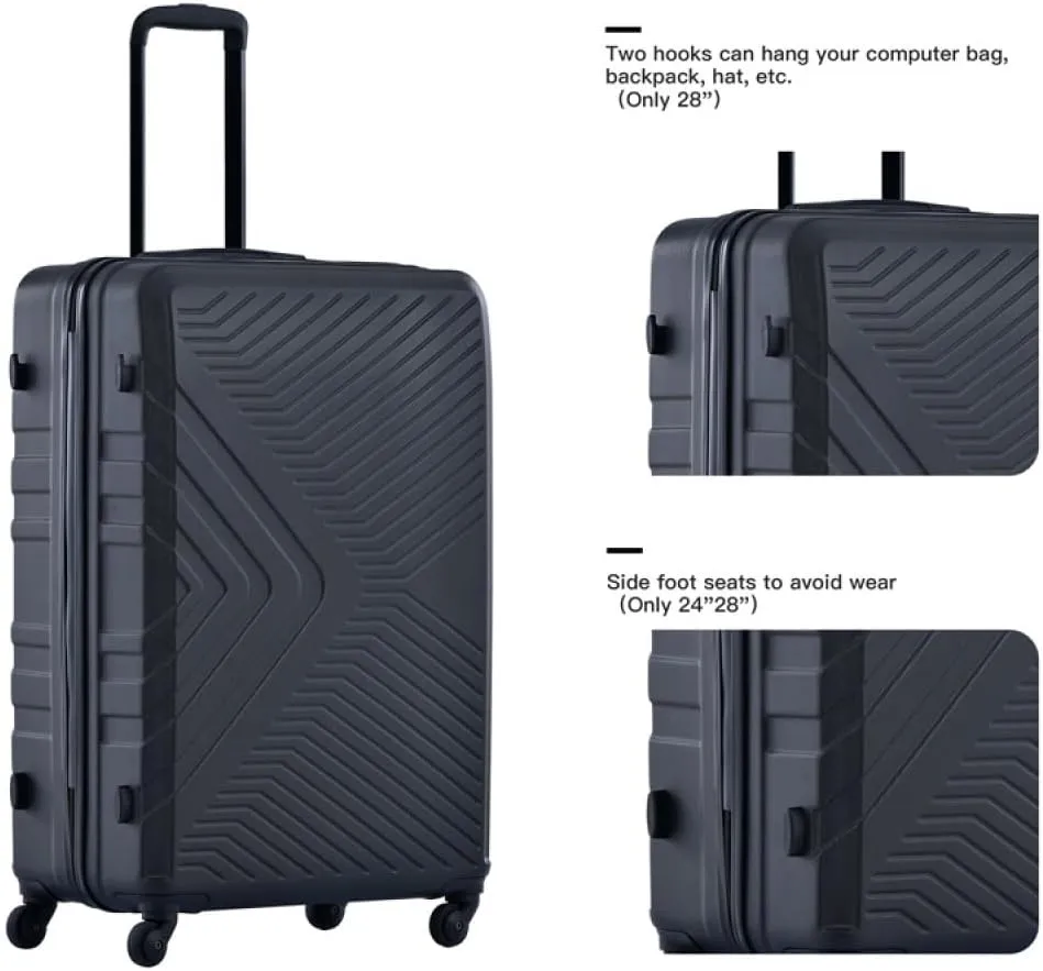 3-Piece Luggage Set (20/24/28 Inch) - ABS Lightweight Hard Shell Suitcases with Spinner Wheels, Lock & 2 Hooks - Carry-On & Checked Luggage for Travel (Black   ABS)