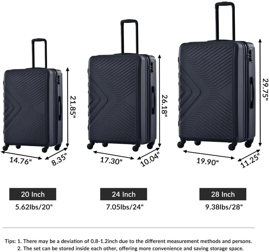 3-Piece Luggage Set (20/24/28 Inch) - ABS Lightweight Hard Shell Suitcases with Spinner Wheels, Lock & 2 Hooks - Carry-On & Checked Luggage for Travel (Black   ABS)