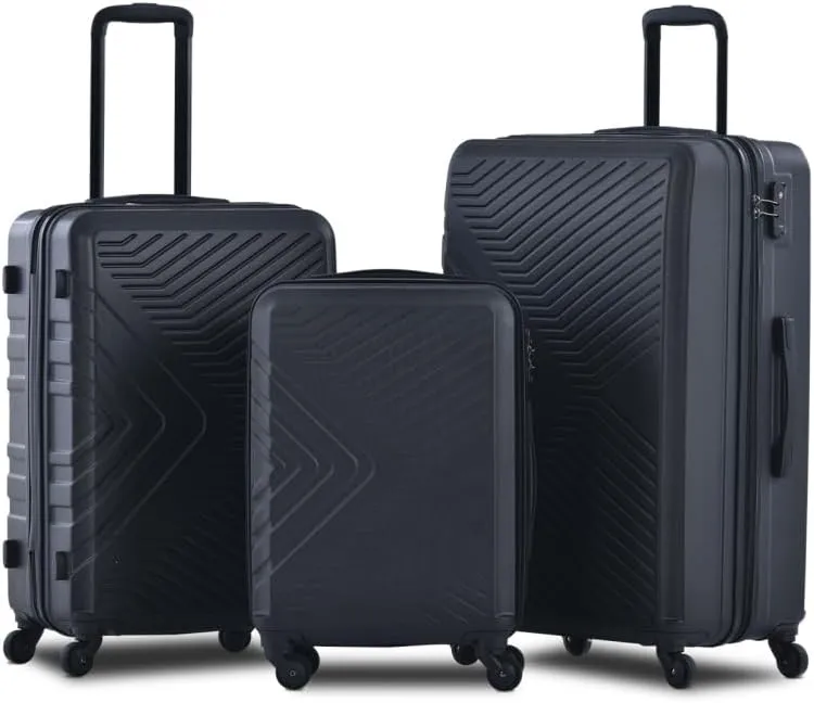 3-Piece Luggage Set (20/24/28 Inch) - ABS Lightweight Hard Shell Suitcases with Spinner Wheels, Lock & 2 Hooks - Carry-On & Checked Luggage for Travel (Black   ABS)