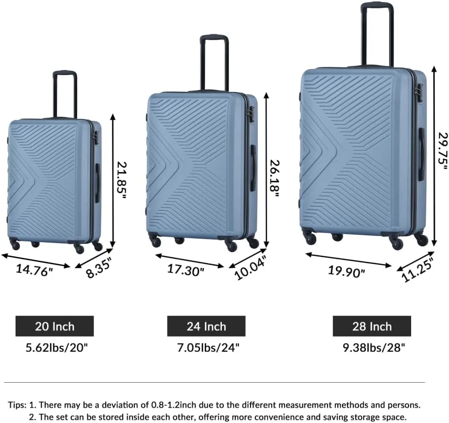 3-Piece Luggage Set (20/24/28 Inch) - ABS Lightweight Hard Shell Suitcases with Spinner Wheels, Lock & 2 Hooks - Carry-On & Checked Luggage for Travel (Blue   ABS)