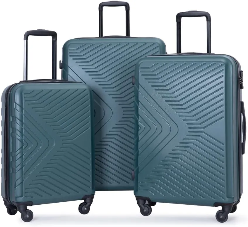 3-Piece Luggage Set (20/24/28 Inch) - ABS Lightweight Hard Shell Suitcases with Spinner Wheels, Lock & 2 Hooks - Carry-On & Checked Luggage for Travel (Dark Green   ABS)