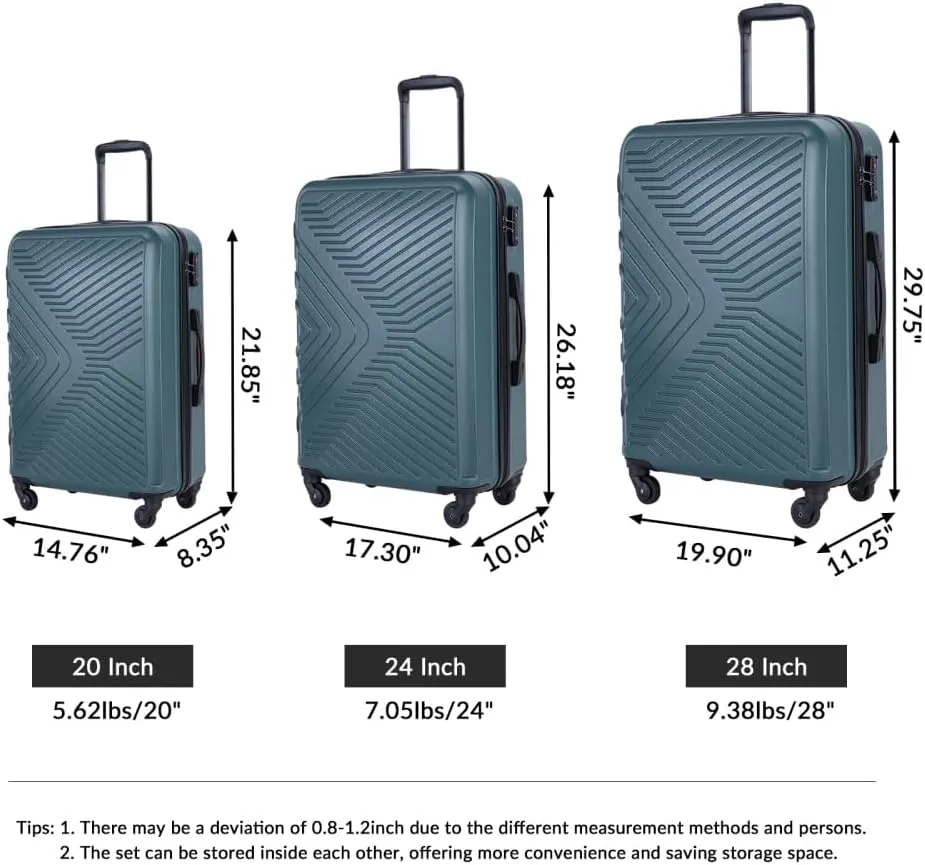 3-Piece Luggage Set (20/24/28 Inch) - ABS Lightweight Hard Shell Suitcases with Spinner Wheels, Lock & 2 Hooks - Carry-On & Checked Luggage for Travel (Dark Green   ABS)