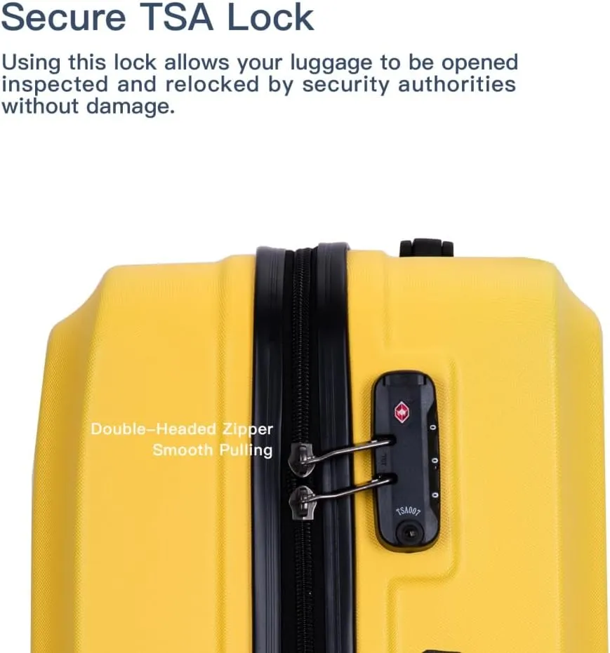 3-Piece Luggage Set (20/24/28 Inch) - ABS Lightweight Hard Shell Suitcases with Spinner Wheels, Lock & 2 Hooks - Carry-On & Checked Luggage for Travel (Yellow   ABS)