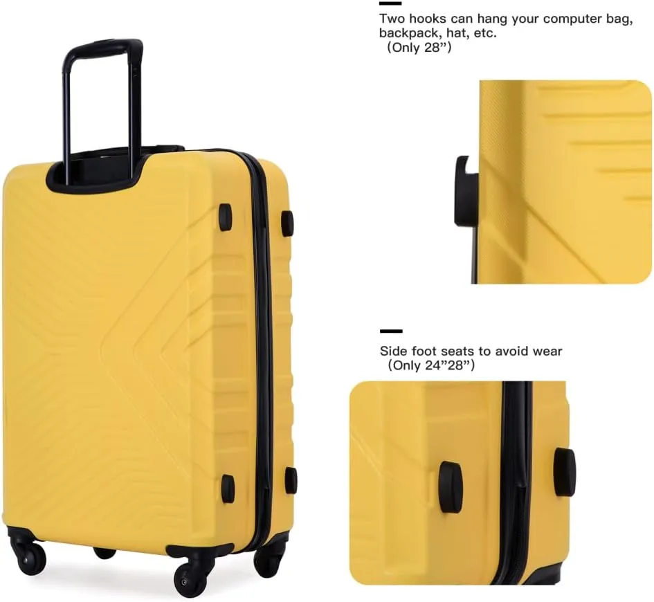 3-Piece Luggage Set (20/24/28 Inch) - ABS Lightweight Hard Shell Suitcases with Spinner Wheels, Lock & 2 Hooks - Carry-On & Checked Luggage for Travel (Yellow   ABS)