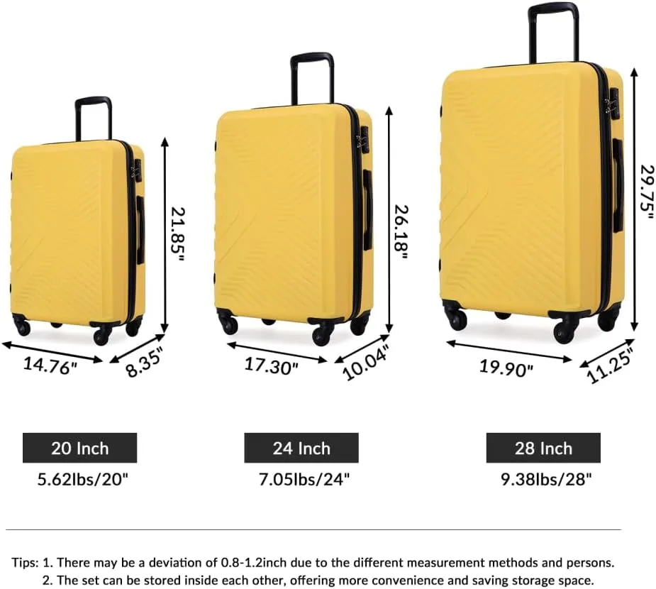 3-Piece Luggage Set (20/24/28 Inch) - ABS Lightweight Hard Shell Suitcases with Spinner Wheels, Lock & 2 Hooks - Carry-On & Checked Luggage for Travel (Yellow   ABS)