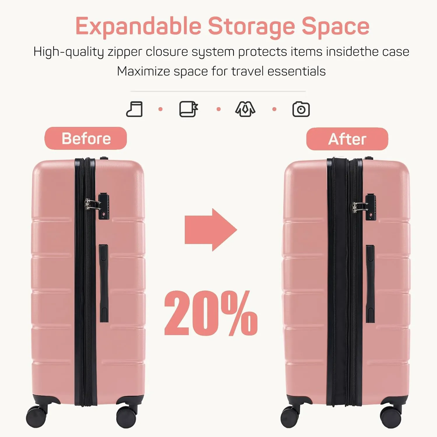 3-Piece Luggage Sets, Hard Shell Suitcases with Spinner Wheels, Expandable Lightweight Rolling Suitcase Sets with TSA Lock, Pink (20/24/28 Inch)