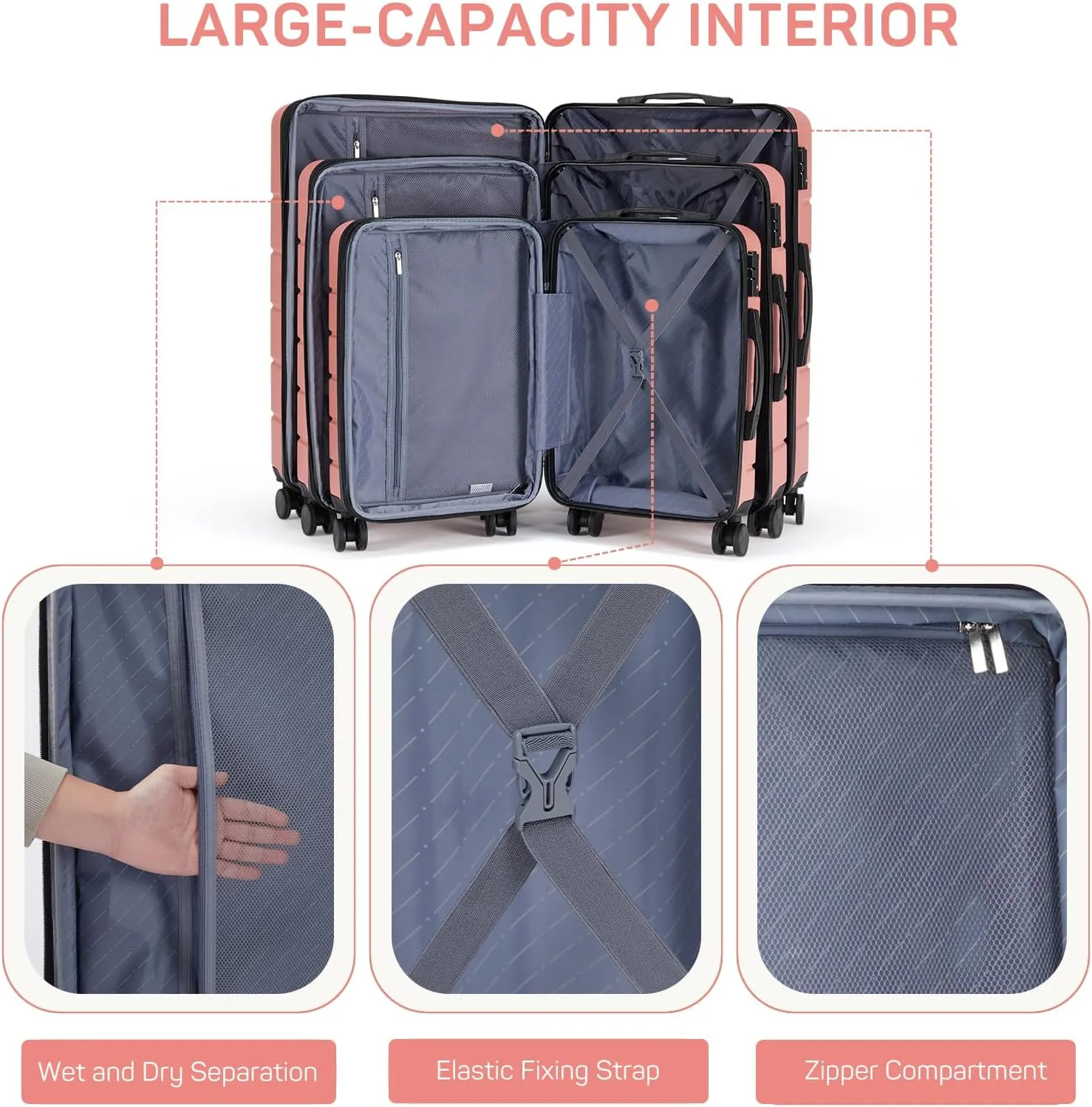 3-Piece Luggage Sets, Hard Shell Suitcases with Spinner Wheels, Expandable Lightweight Rolling Suitcase Sets with TSA Lock, Pink (20/24/28 Inch)