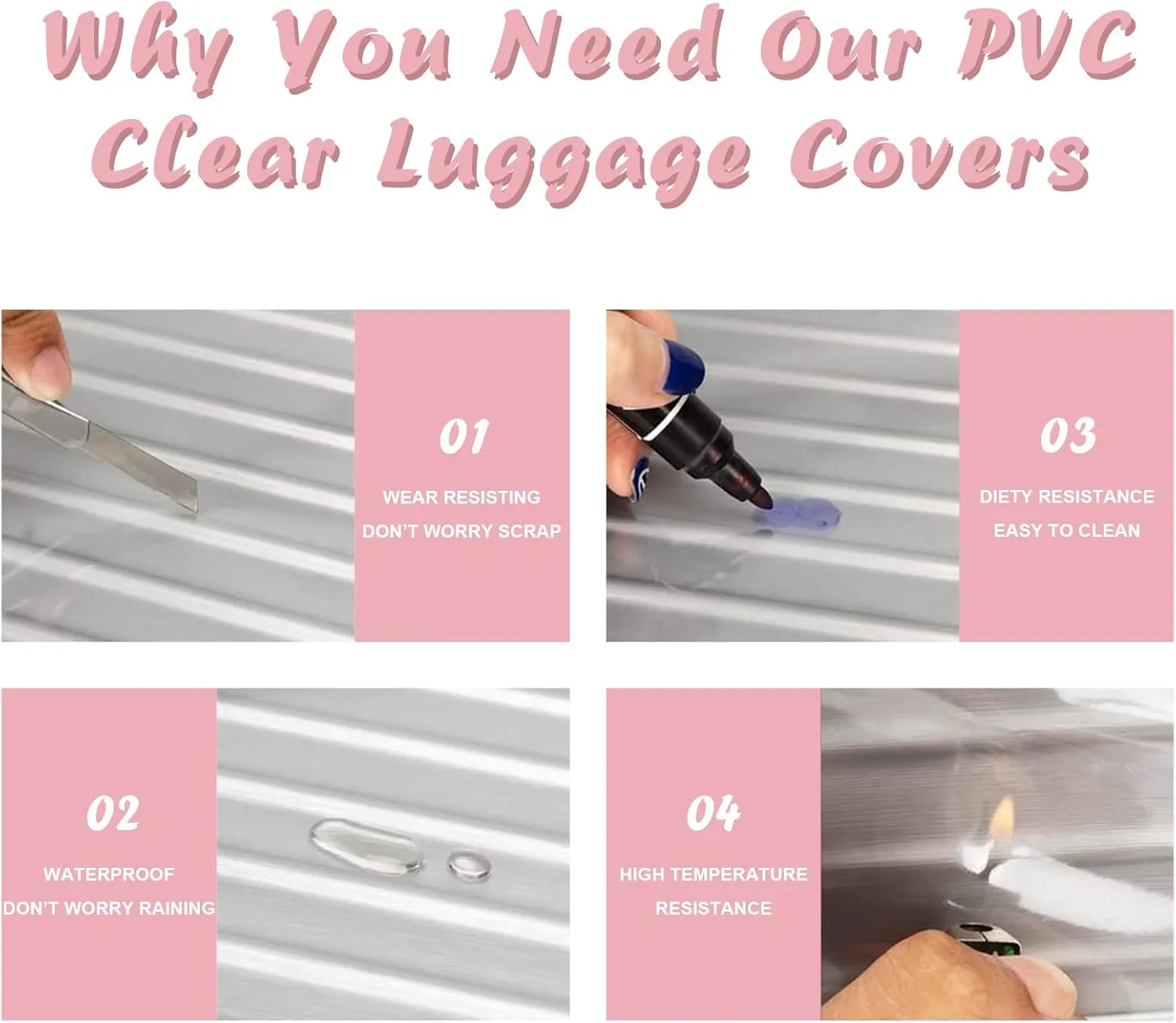 3 Pieces Luggage Covers TSA Approved Thicken Clear PVC Suitcase Sleeve Protectors Fit 20 24 28 Wheeled Suitcase Waterproof Scratch-Resistant