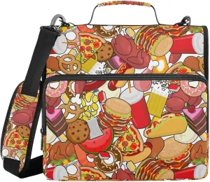 3 Ring Zipper Binder Food Drinks Burger Beer 500 Sheets Capacity Binder Organizer Bag with Shoulder Strap and Handle for School Office College Students
