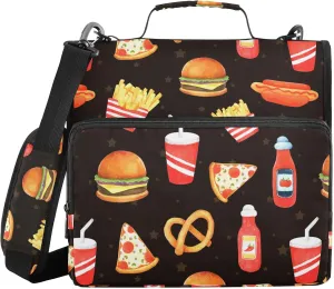 3 Ring Zipper Binder French Fries Pizza Burger 500 Sheets Capacity Binder Organizer Bag with Shoulder Strap and Handle for School Office College Students