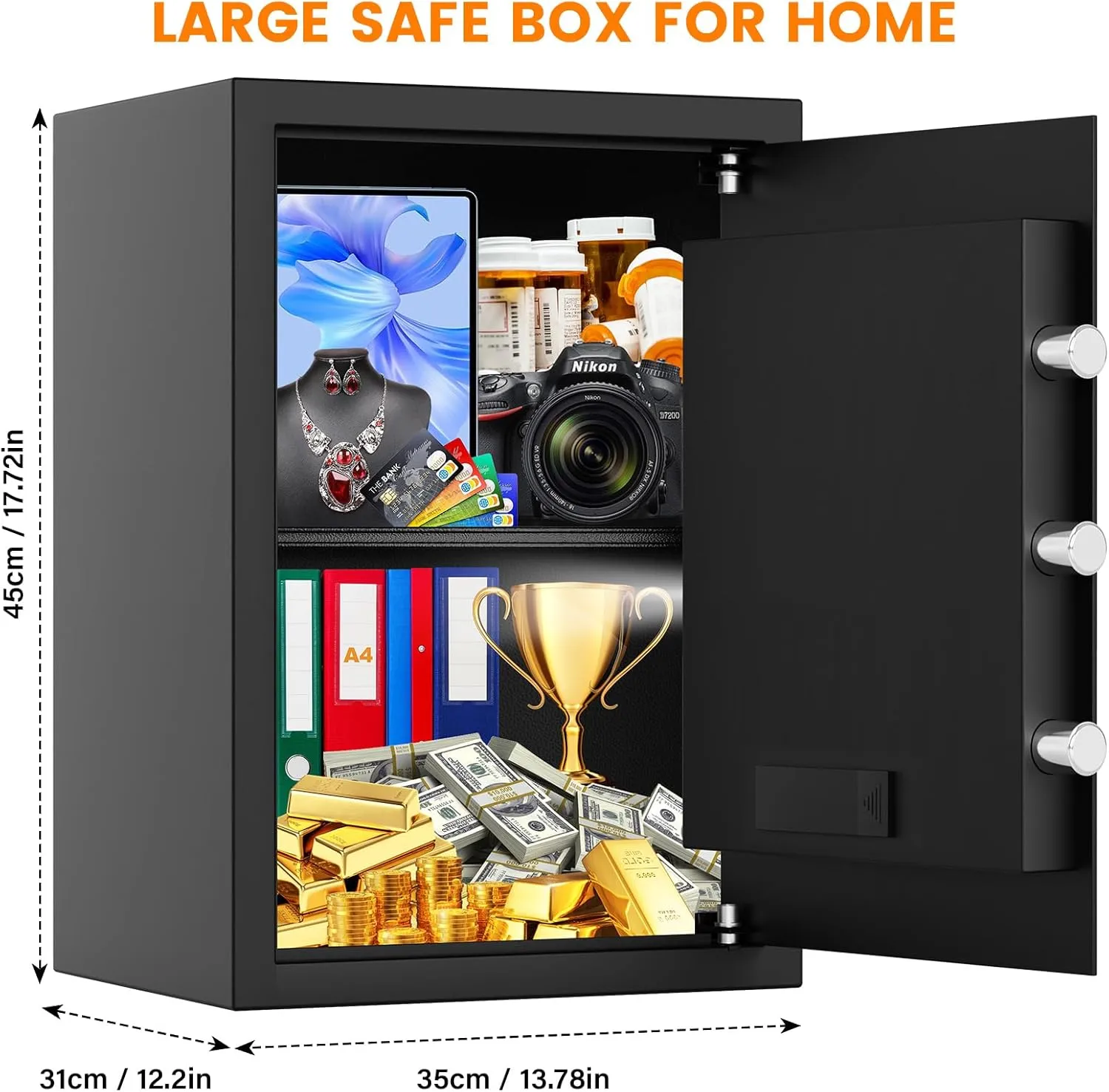 3.0 Cub Large Home Safe Fireproof Waterproof, Digital Firep roof Safe Box With Fireproof Bag, Combination Lock and Alarm Systerm, Fire Safes for Home Documents Money Valuables