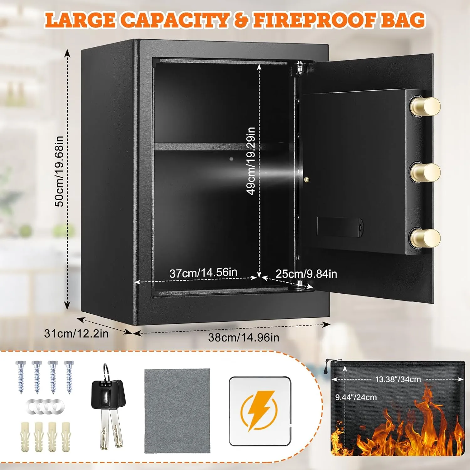 3.0 Cuft Large Fireproof Safe Box for HOME USE, Digital Home Security Safe with Programmable Keypad and Removable Shelf, Document Safe Fireproof Waterproof for Money Firearm Medicine Valuables