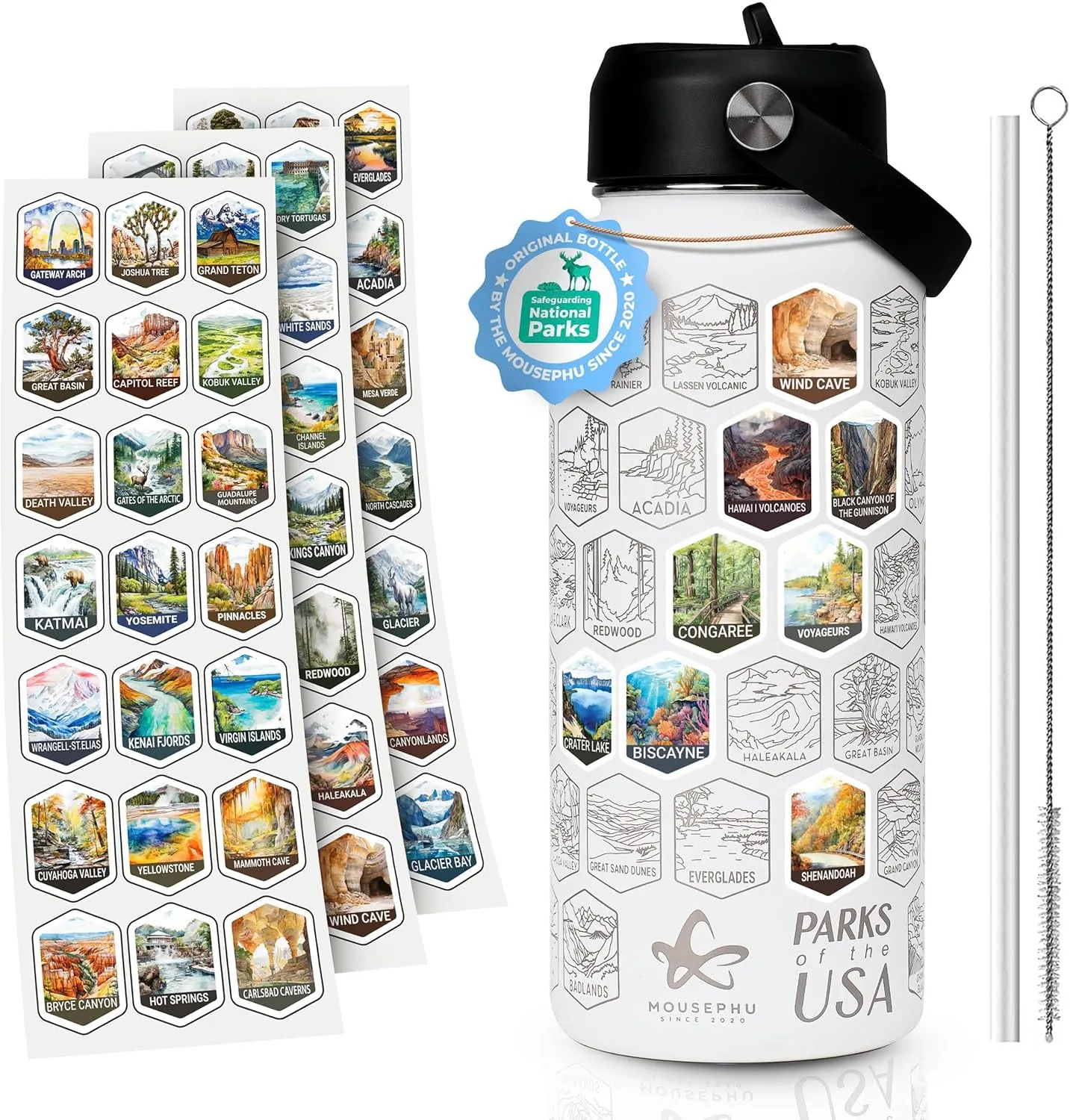 32oz Insulated Hiking Water Bottle with Straw Lid - National Parks Water Bottle With Stickers 63 USA National Park - Leakproof Stainless Steel Outdoor Adventure Bottle.