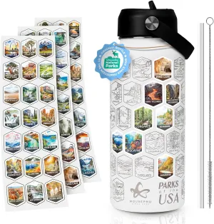 32oz Insulated Hiking Water Bottle with Straw Lid - National Parks Water Bottle With Stickers 63 USA National Park - Leakproof Stainless Steel Outdoor Adventure Bottle.
