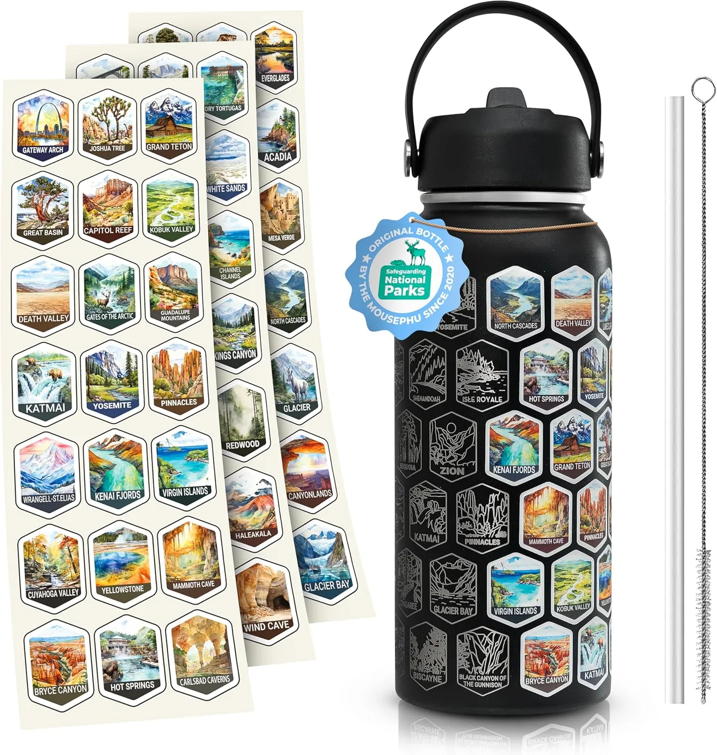 32oz Insulated Hiking Water Bottle with Straw Lid - National Parks Water Bottle With Stickers 63 USA National Park - Leakproof Stainless Steel Outdoor Adventure Bottle.