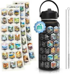 32oz Insulated Hiking Water Bottle with Straw Lid - National Parks Water Bottle With Stickers 63 USA National Park - Leakproof Stainless Steel Outdoor Adventure Bottle.