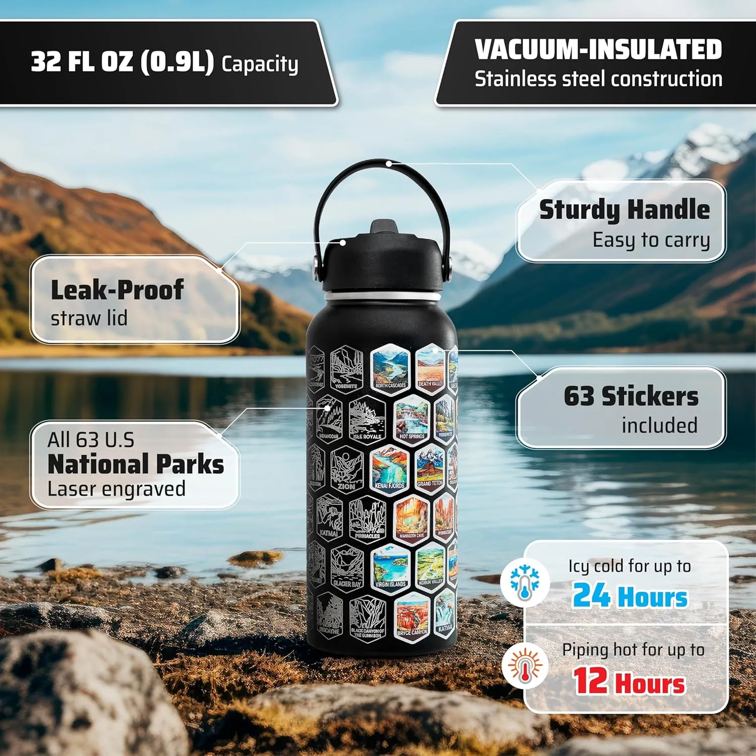 32oz Insulated Hiking Water Bottle with Straw Lid - National Parks Water Bottle With Stickers 63 USA National Park - Leakproof Stainless Steel Outdoor Adventure Bottle.