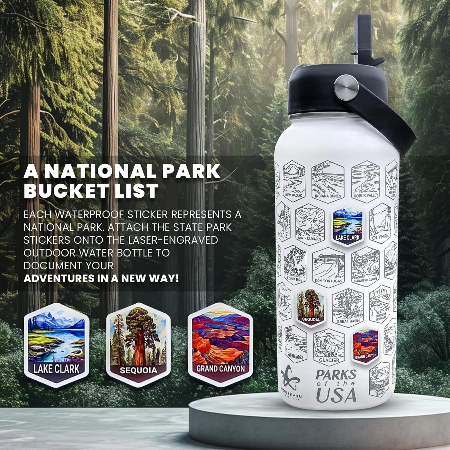 32oz Insulated Hiking Water Bottle with Straw Lid - National Parks Water Bottle With Stickers 63 USA National Park - Leakproof Stainless Steel Outdoor Adventure Bottle.
