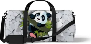 3d Little Panda Peeping from a Broken Wall Sports Duffel Bag Travel Gym Tote Bags Lightweight Durable Shoulder Strap Waterproof Polyester Outside Mesh Pocket Overnight Trip Duffel Bag for Women Men