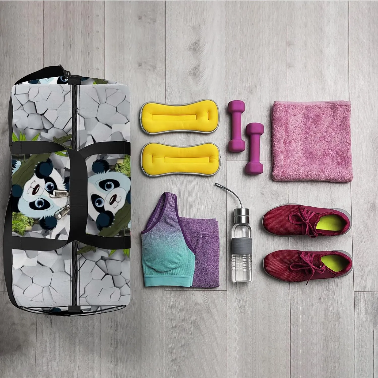 3d Little Panda Peeping from a Broken Wall Sports Duffel Bag Travel Gym Tote Bags Lightweight Durable Shoulder Strap Waterproof Polyester Outside Mesh Pocket Overnight Trip Duffel Bag for Women Men