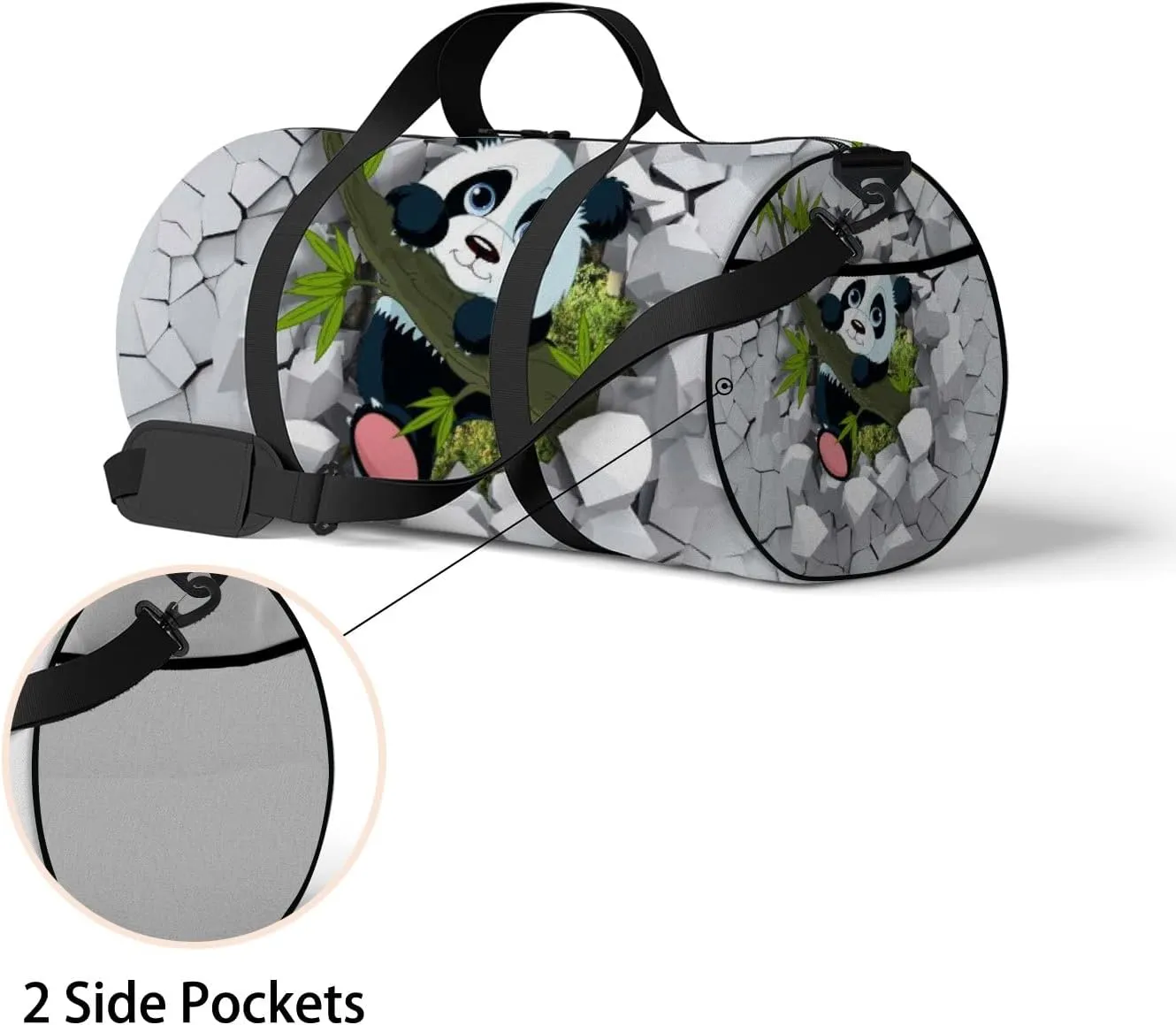 3d Little Panda Peeping from a Broken Wall Sports Duffel Bag Travel Gym Tote Bags Lightweight Durable Shoulder Strap Waterproof Polyester Outside Mesh Pocket Overnight Trip Duffel Bag for Women Men