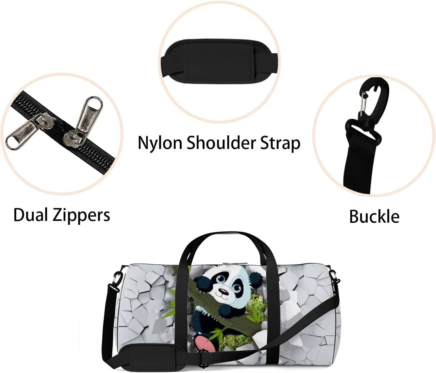 3d Little Panda Peeping from a Broken Wall Sports Duffel Bag Travel Gym Tote Bags Lightweight Durable Shoulder Strap Waterproof Polyester Outside Mesh Pocket Overnight Trip Duffel Bag for Women Men
