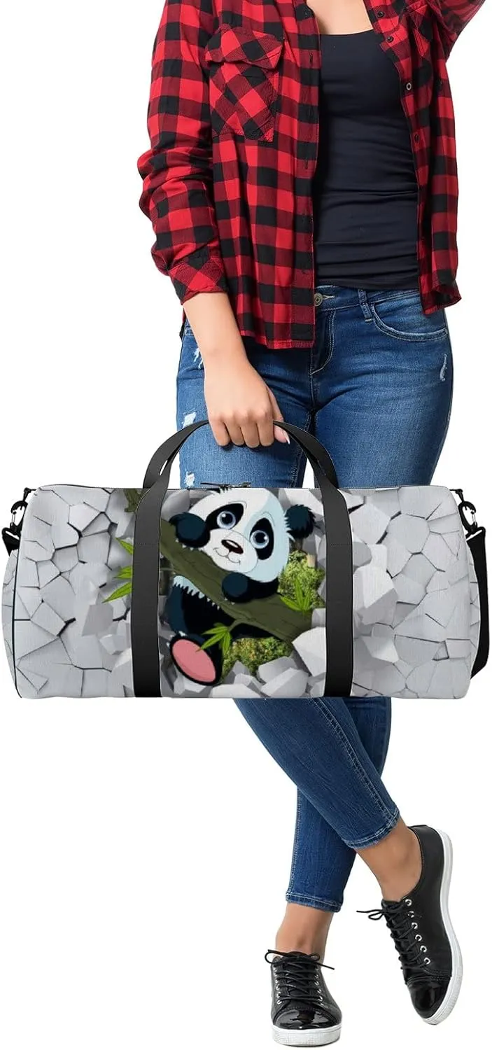 3d Little Panda Peeping from a Broken Wall Sports Duffel Bag Travel Gym Tote Bags Lightweight Durable Shoulder Strap Waterproof Polyester Outside Mesh Pocket Overnight Trip Duffel Bag for Women Men