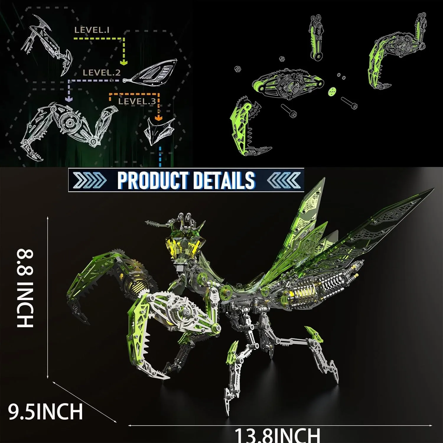 3D Metal Puzzles for Adults,Mechanical Mantis Metal Model Kits with Light, DIY for Assembly (Green)