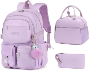 3PCS Backpack for Teens Girls 15.6 Inch Laptop Backpacks College Cute Bookbag Anti Theft School Bag PURPLE