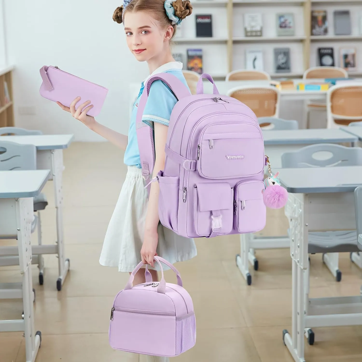 3PCS Backpack for Teens Girls 15.6 Inch Laptop Backpacks College Cute Bookbag Anti Theft School Bag PURPLE
