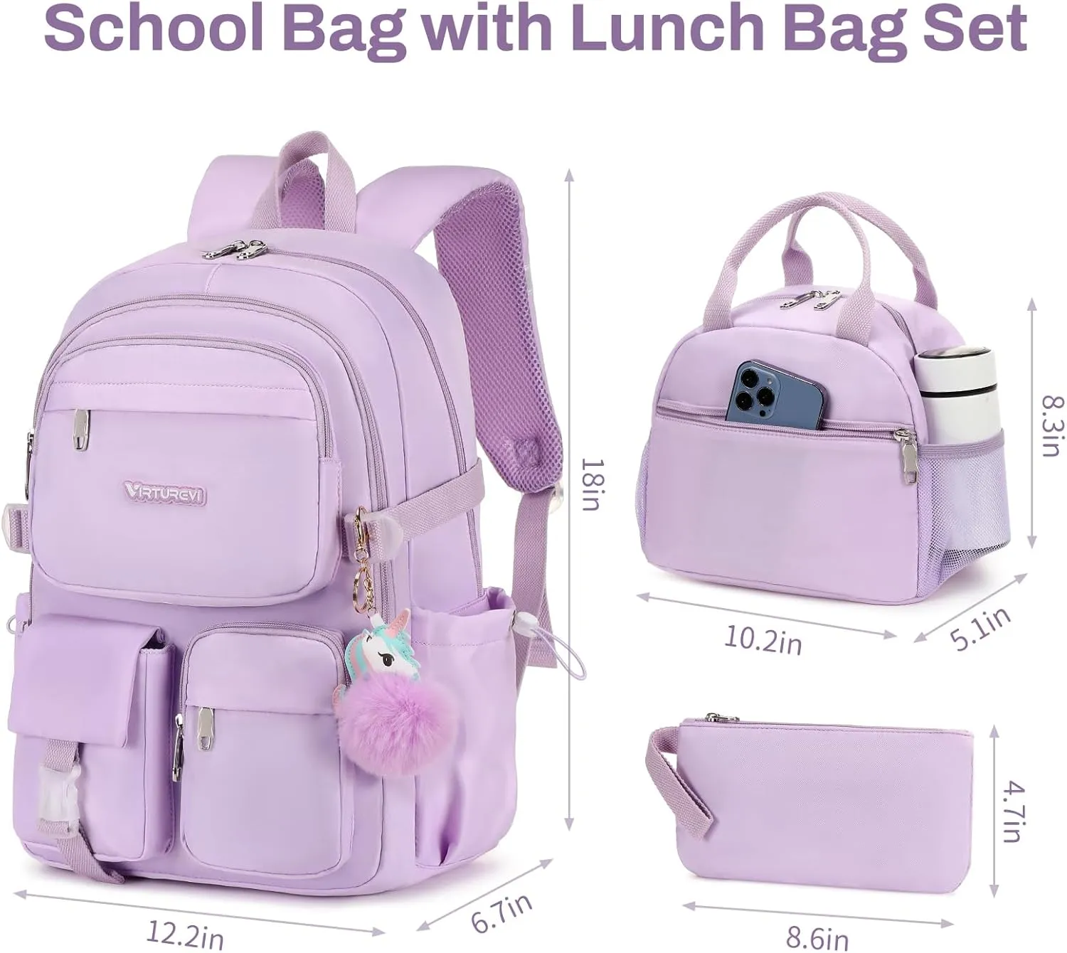 3PCS Backpack for Teens Girls 15.6 Inch Laptop Backpacks College Cute Bookbag Anti Theft School Bag PURPLE