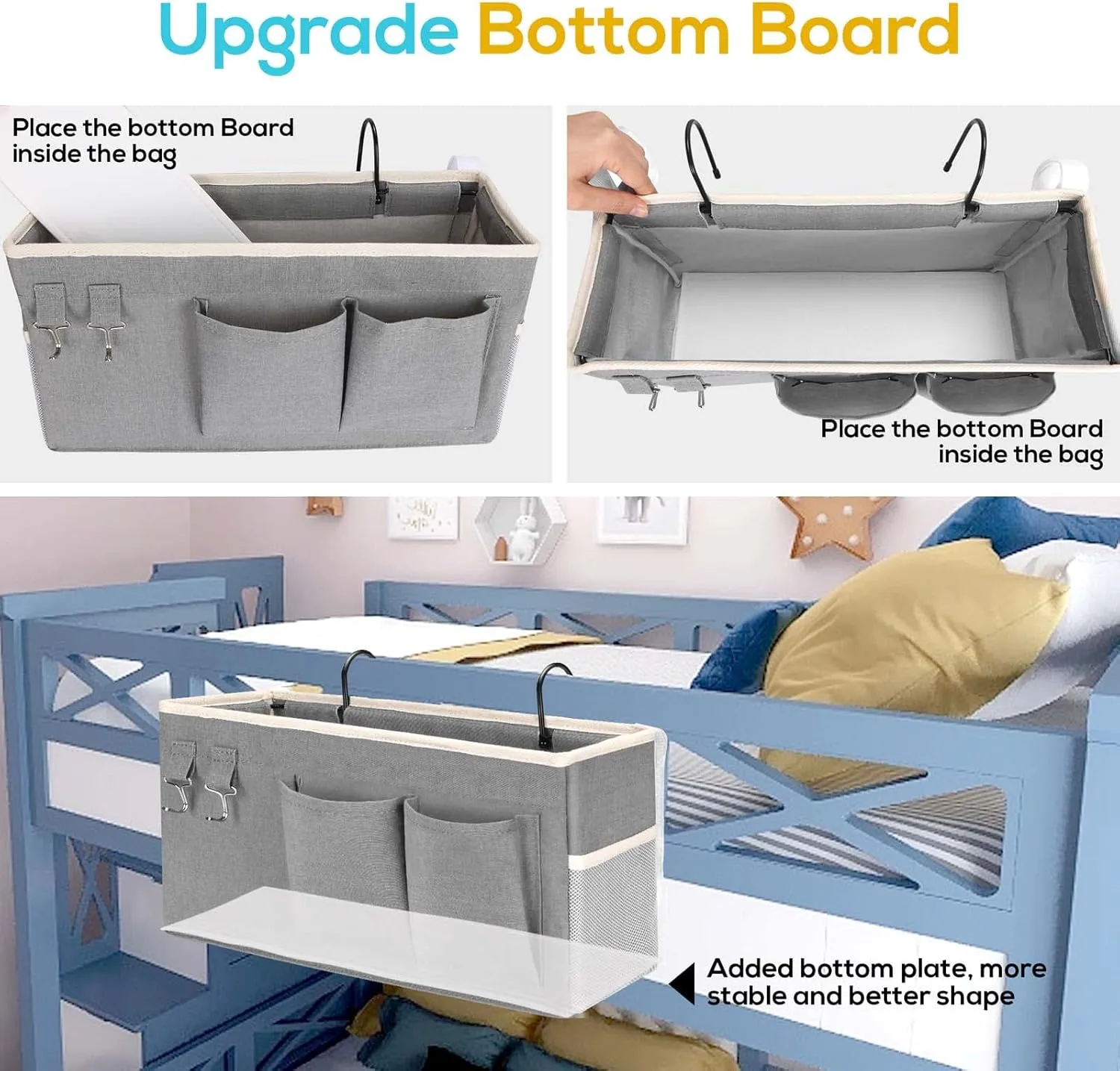 3pcs Bedside Caddy Hanging Storage Bag, Water Cup Holders, Organizer Baskets with Pockets for Bunk Bed Shelf, Hospital Beds, Loft & Dorm Rooms Accessories (Bedside bag-Grey)
