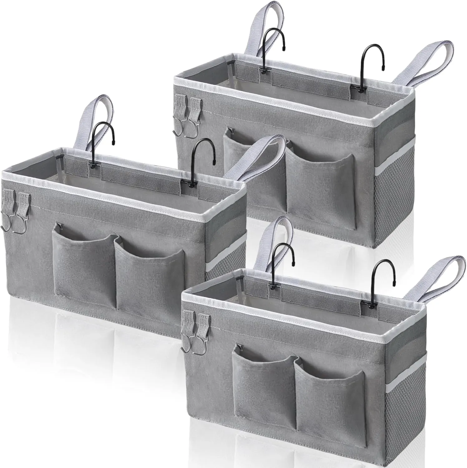 3pcs Bedside Caddy Hanging Storage Bag, Water Cup Holders, Organizer Baskets with Pockets for Bunk Bed Shelf, Hospital Beds, Loft & Dorm Rooms Accessories (Bedside bag-Grey)